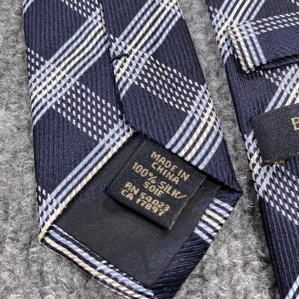 Banana Republic Tie Mens One Size Navy Blue Plaid 100% Silk Classic Necktie